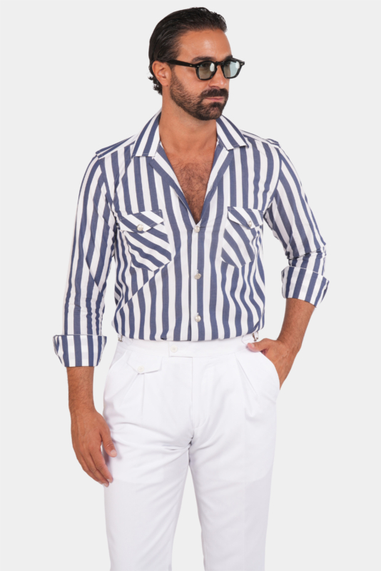 Navy Blau und Weiße Streifen Safari-Hemd