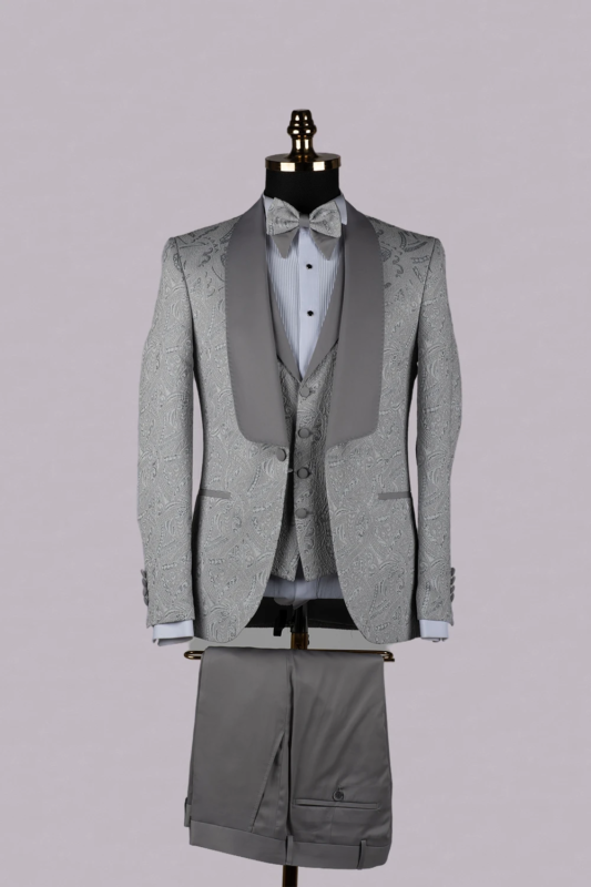 Gray tuxedo suit by Plasencia