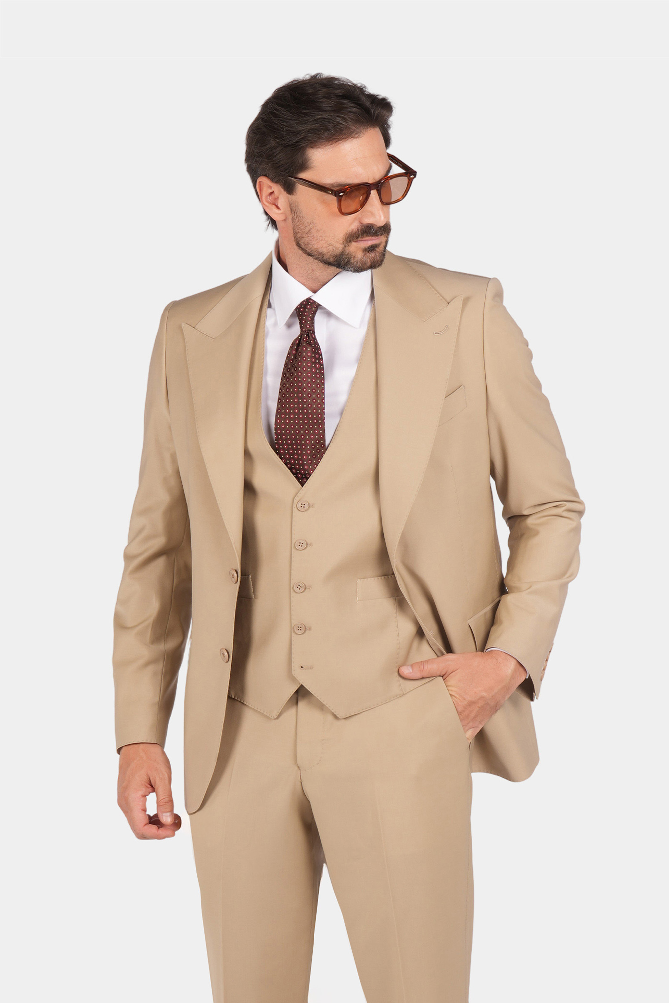 Beige Modern Fit Einreihiger Handarbeit