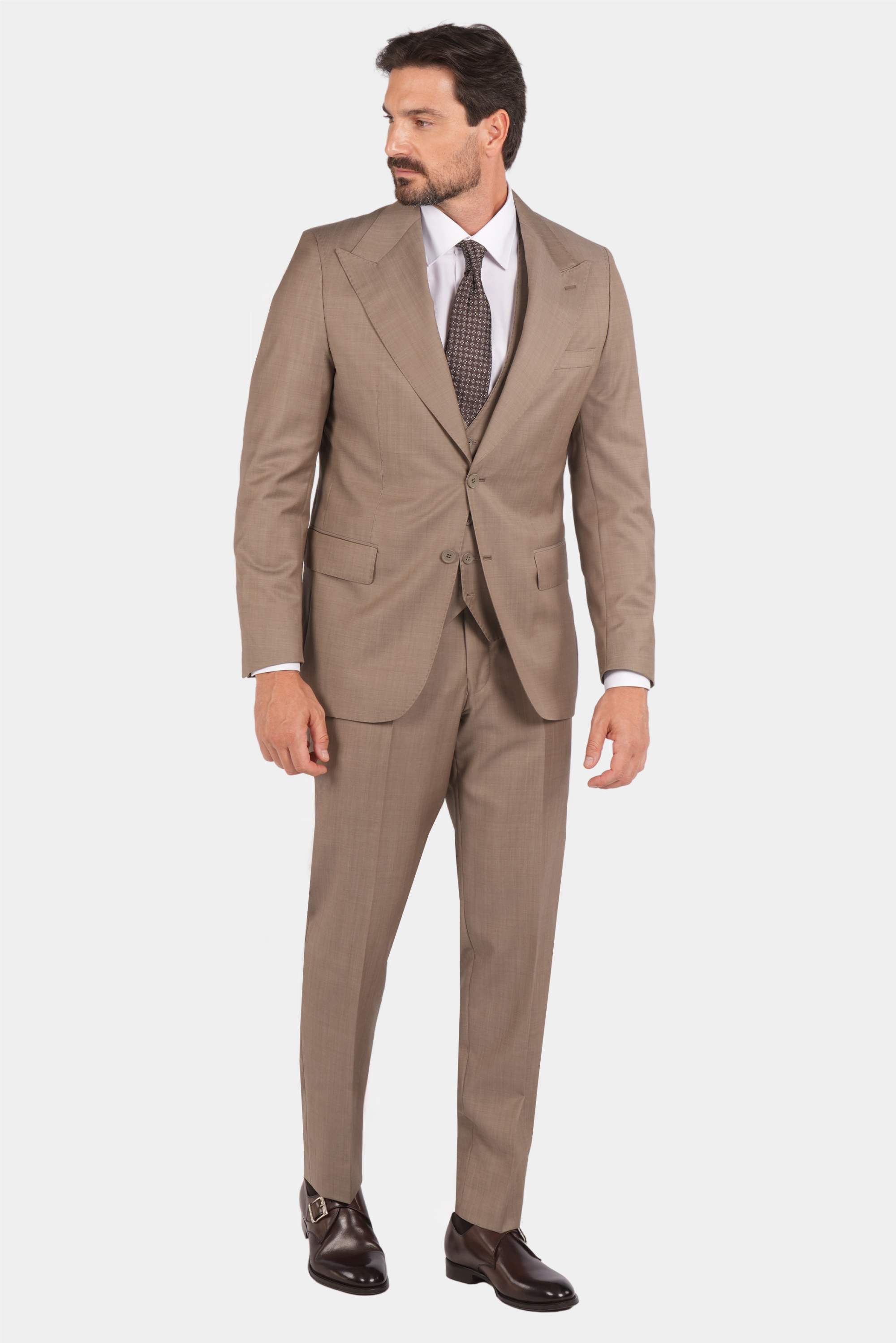 Cremefarbener Dreiteiliger Woll-Anzug mit Tailored Fit