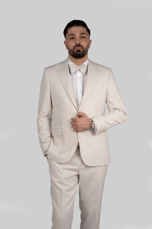Beige Tailored Fit Microfiber Three Pieces Suit