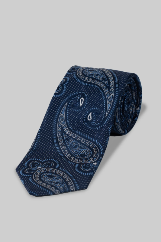 Marineblaue Krawatte mit Paisleymuster aus Mikrofaser und passendem Einstecktuch
