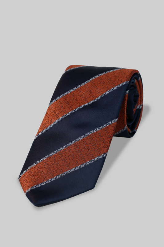 Orange-blau gestreifte Mikrofaser-Krawatte mit Einstecktuch