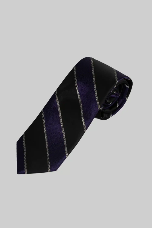 Schwarze und violette Krawatte und Einstecktuch mit Streifenmuster aus Mikrofaser