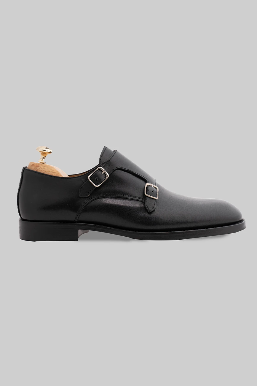 Schwarzer Double Monk Strap-Schuh aus Kalbsleder