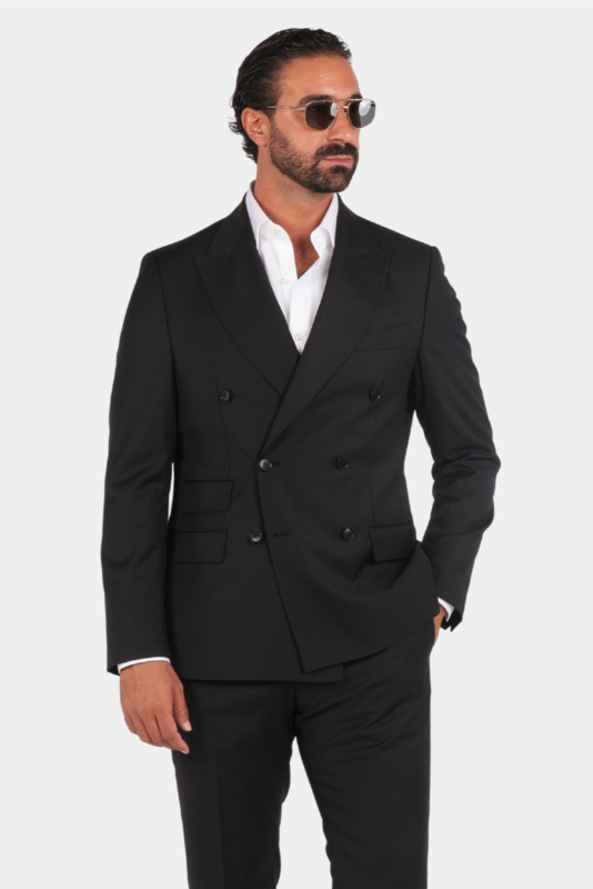 Schwarzer Slim Fit Zweireiher Anzug aus Wolle