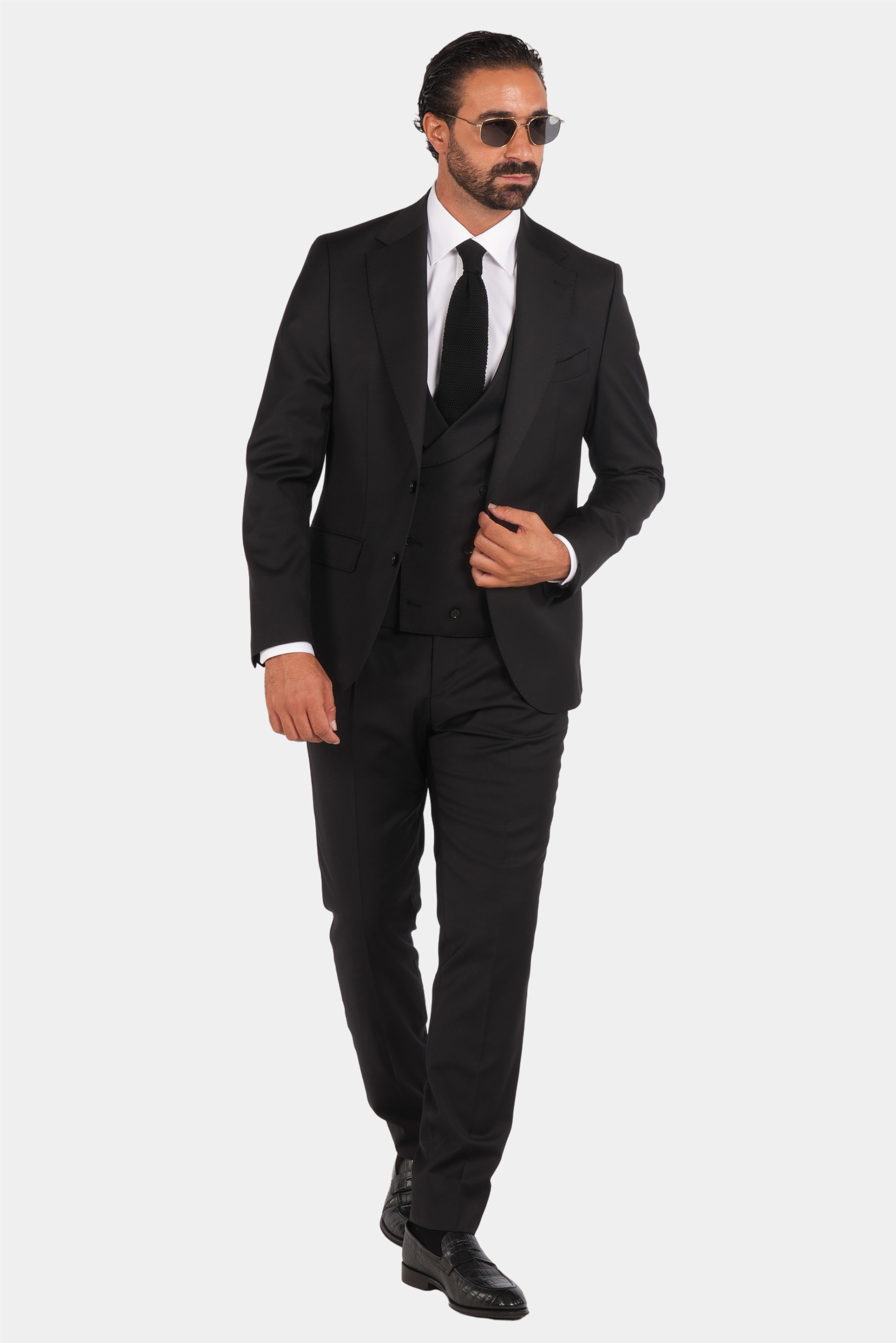 Schwarzer Slim Fit Einreiher Dreiteiliger Anzug aus Wolle