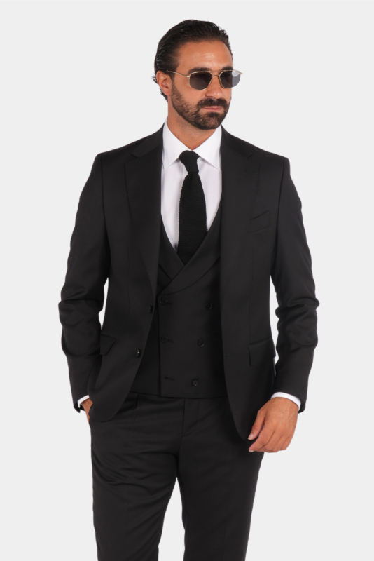 Schwarzer Slim Fit Einreiher Dreiteiliger Anzug aus Wolle