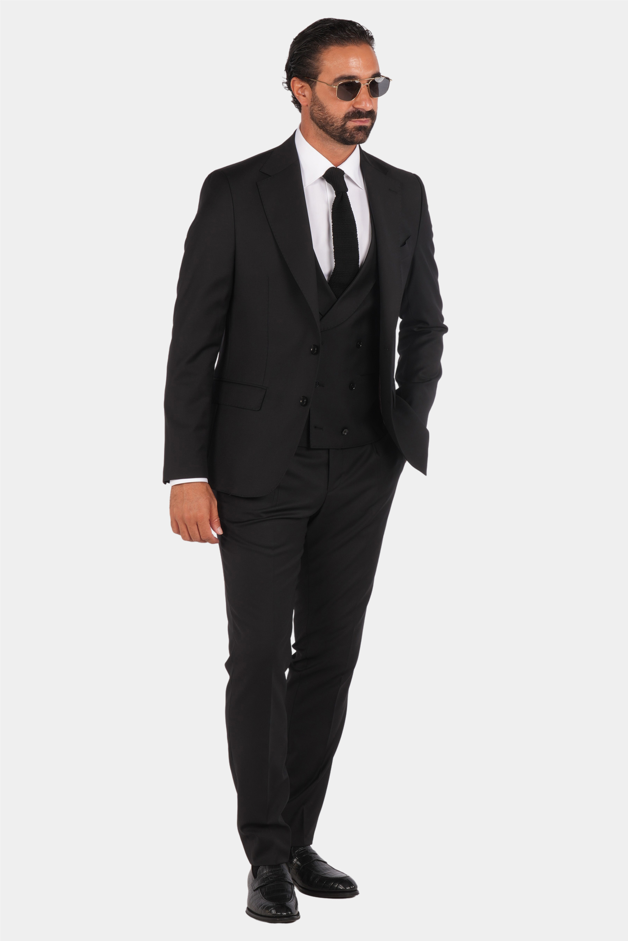 Schwarzer Slim Fit Einreiher Dreiteiliger Anzug aus Wolle