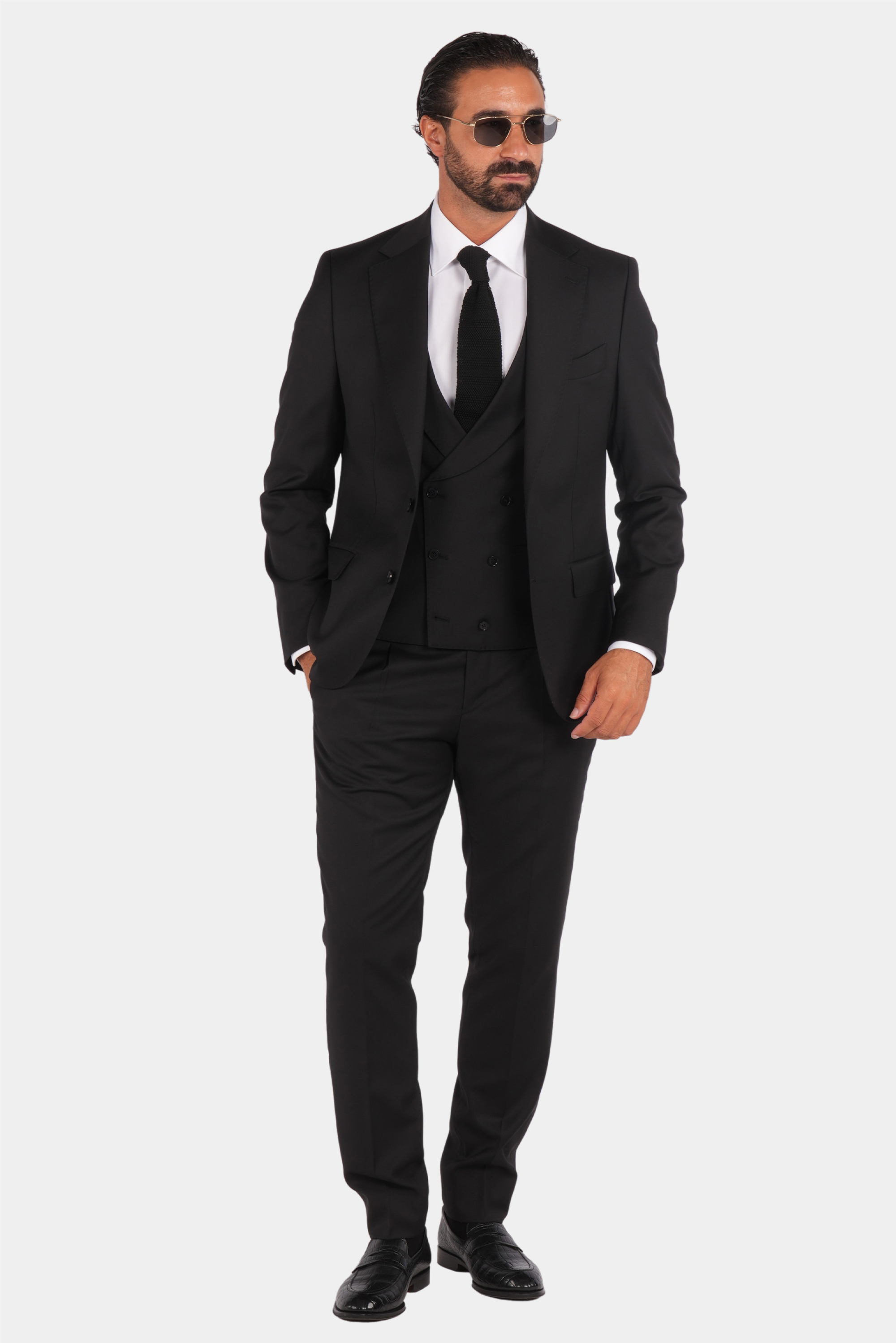 Schwarzer Slim Fit Einreiher Dreiteiliger Anzug aus Wolle