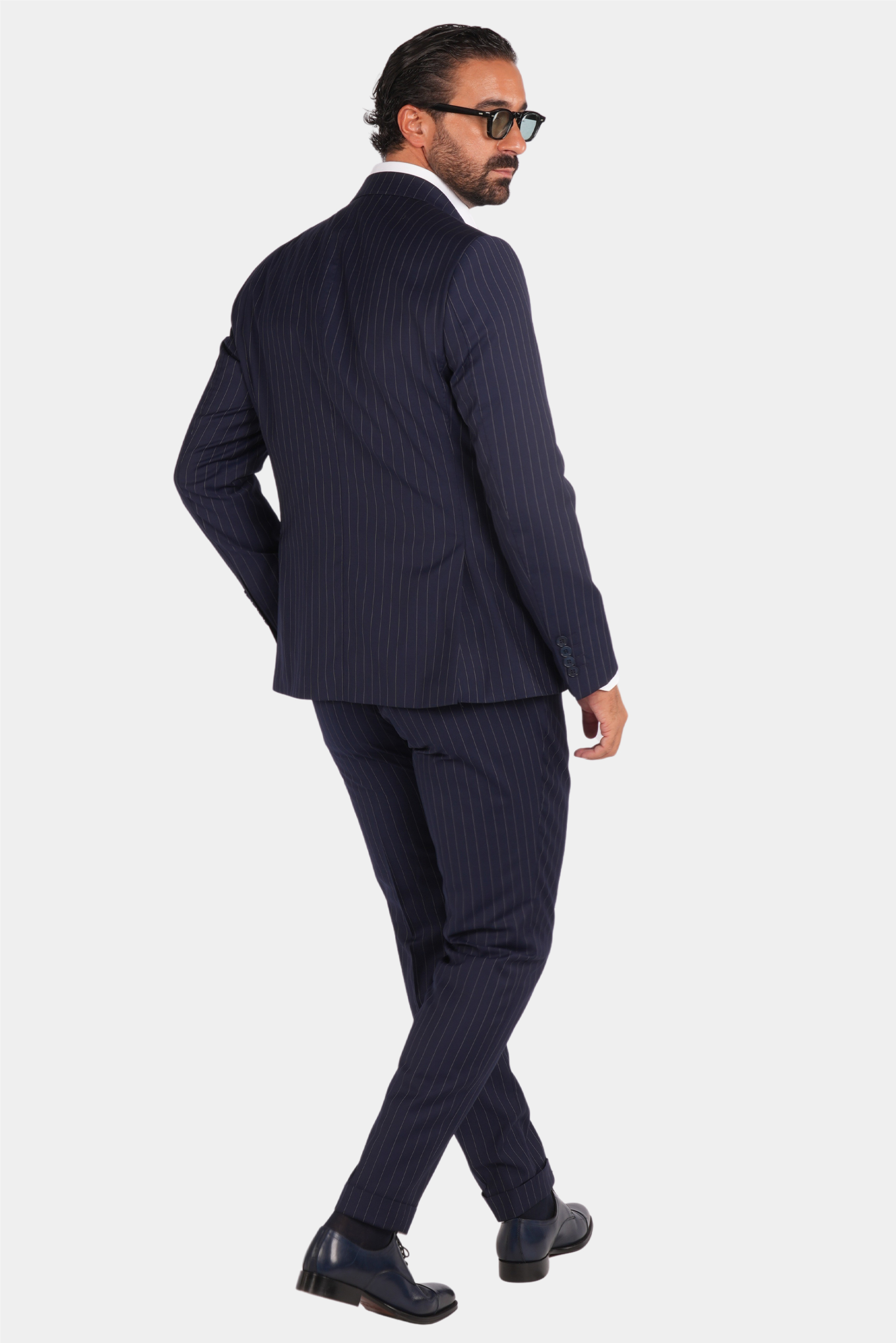 Marineblauer Nadelstreifen Slim Fit Zweireiher Anzug aus Wolle