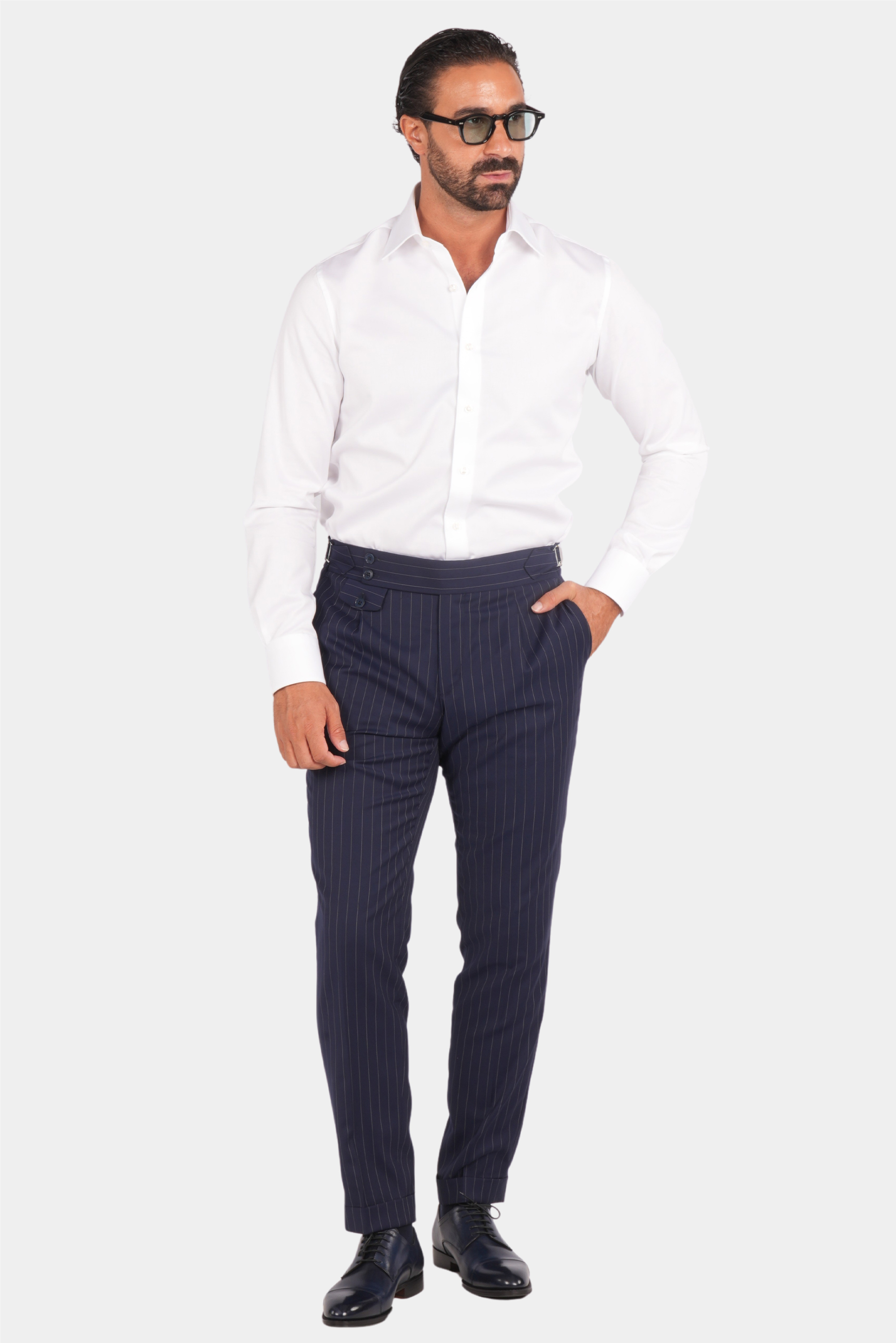 Marineblauer Nadelstreifen Slim Fit Zweireiher Anzug aus Wolle