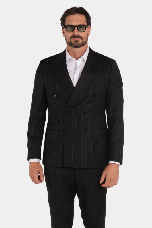Schwarzer Nadelstreifen Slim Fit Zweireiher Anzug aus Wolle