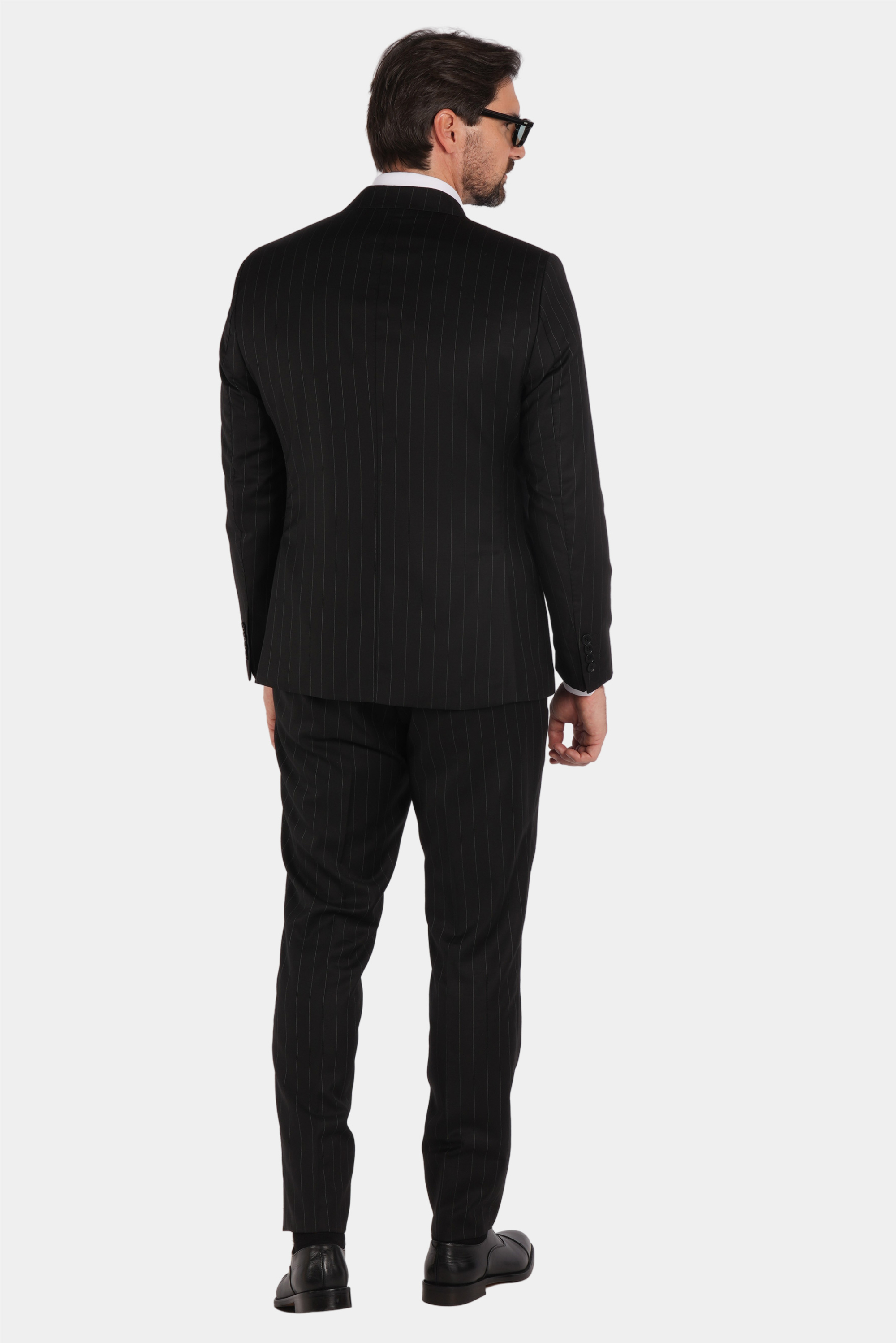 Schwarzer Nadelstreifen Slim Fit Zweireiher Anzug aus Wolle