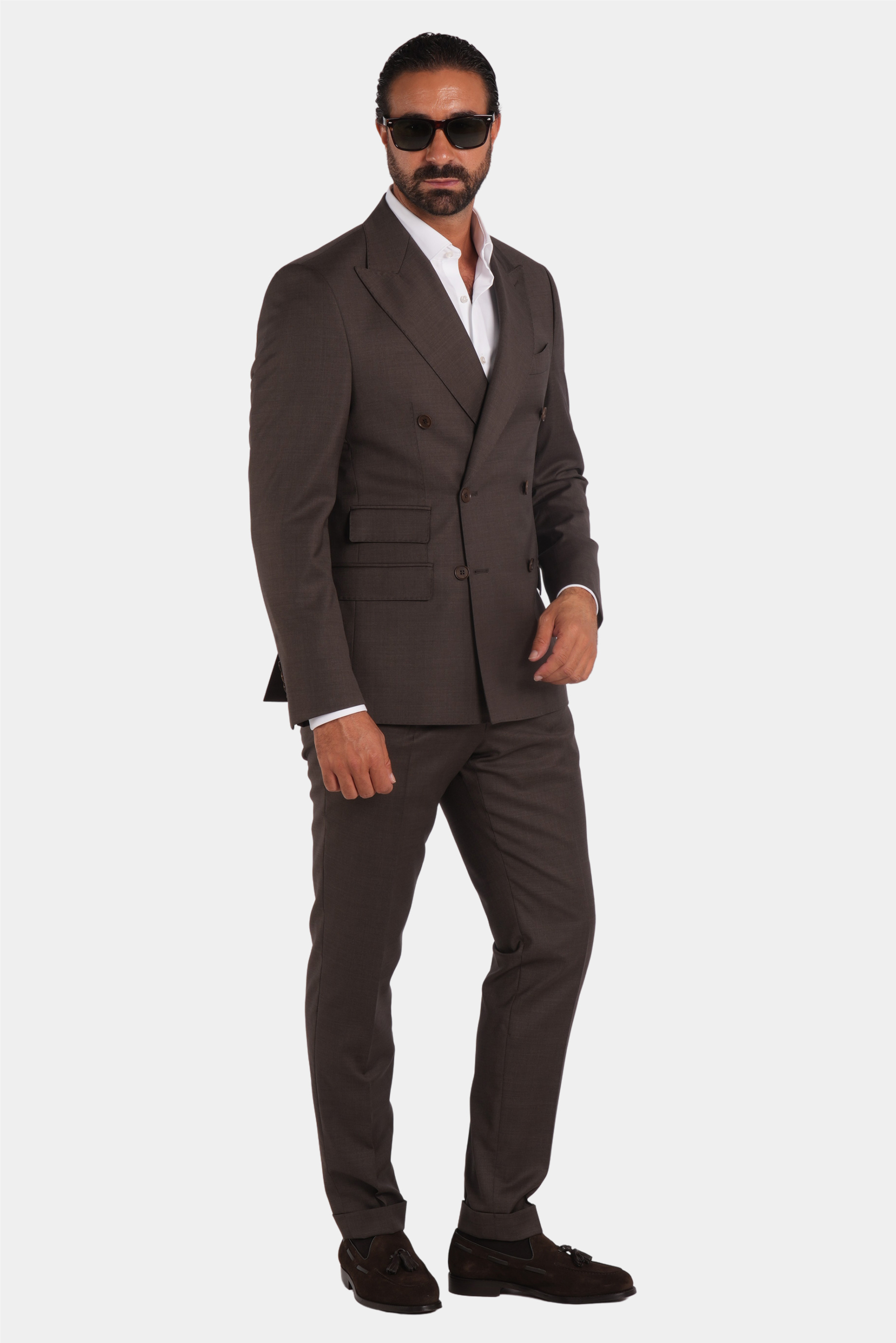 Brauner Slim Fit Zweireiher Anzug aus Wolle