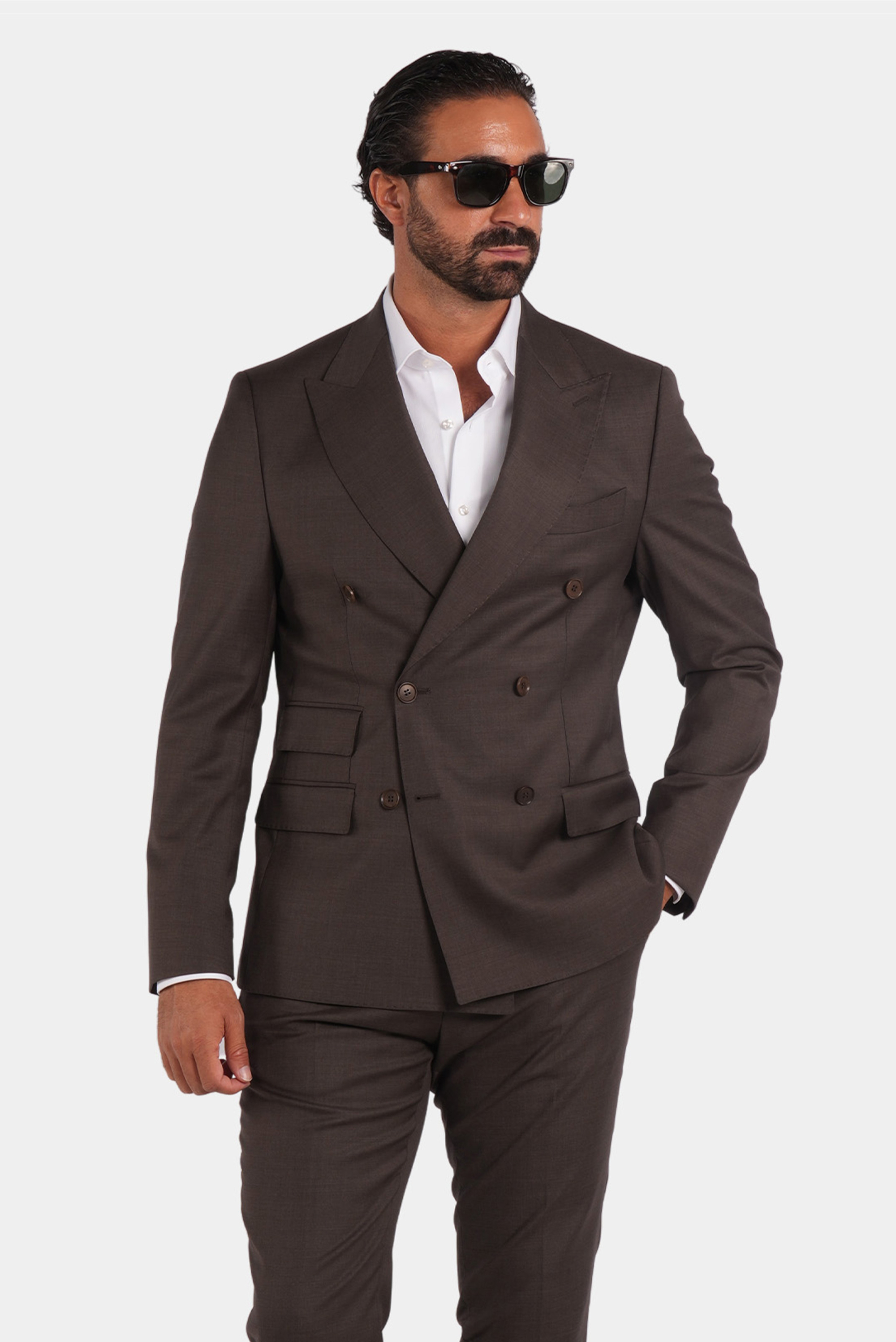 Brauner Slim Fit Zweireiher Anzug aus Wolle