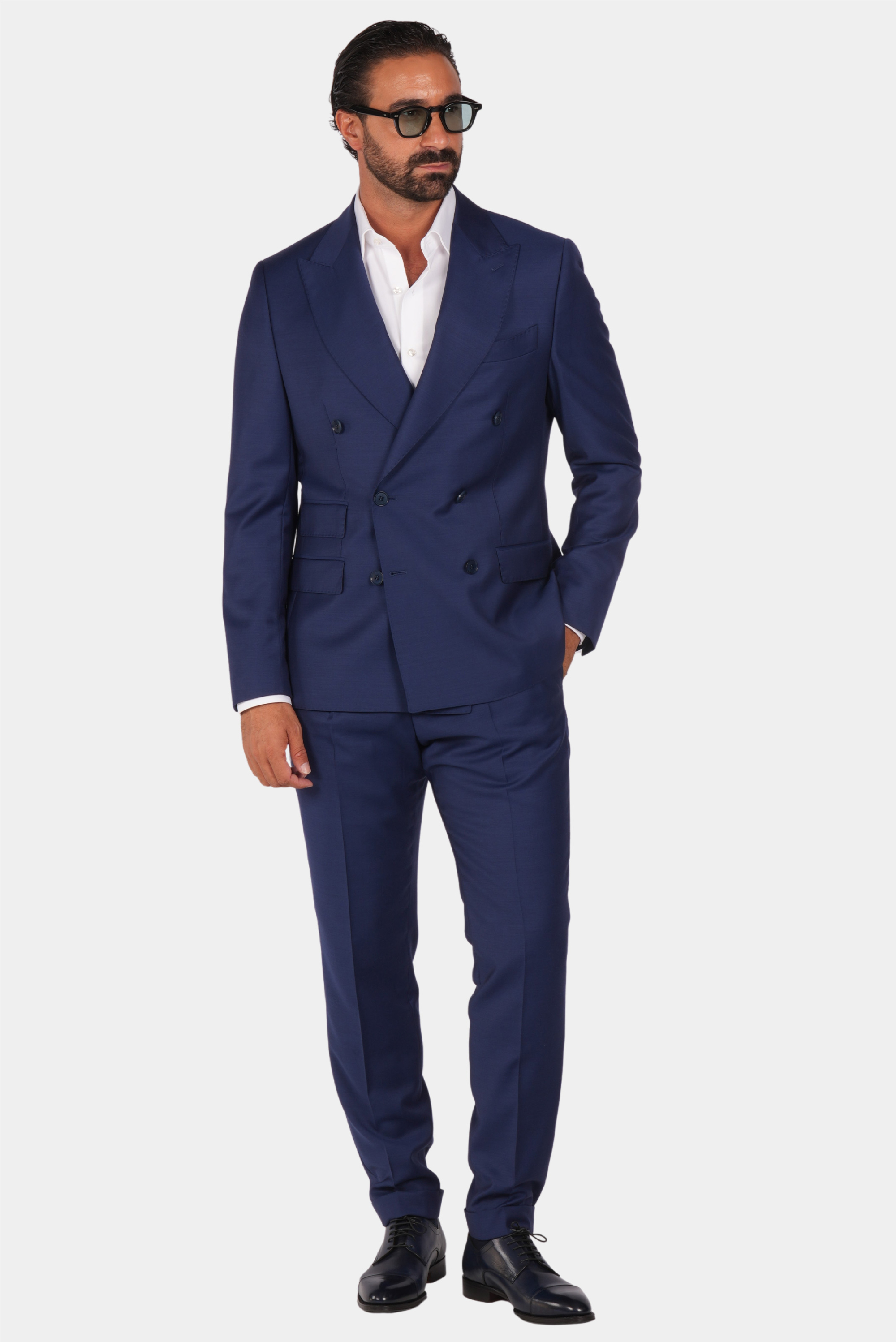Blauer Slim Fit Zweireiher Anzug aus Wolle