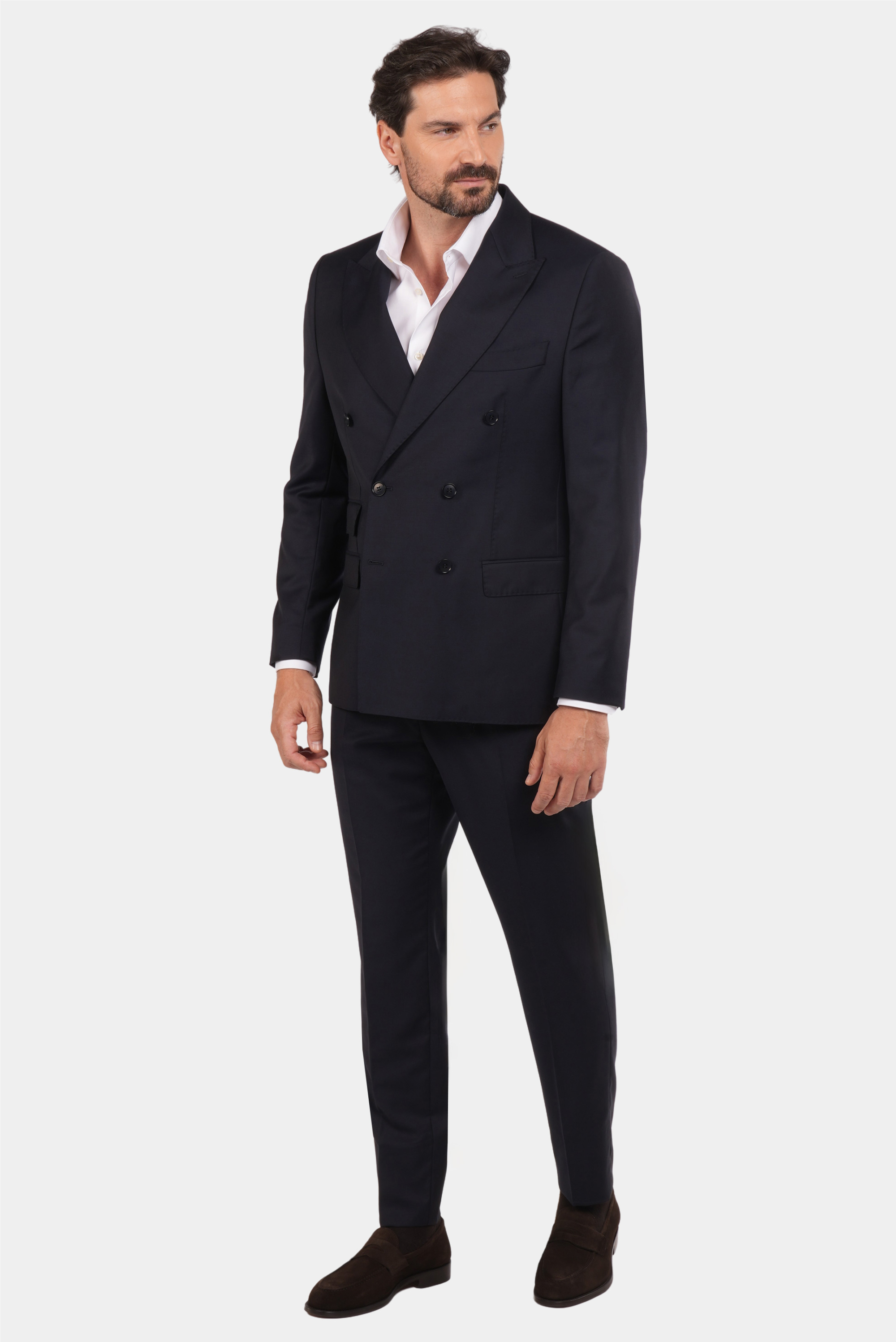 Dunkelblauer Slim Fit Zweireiher Anzug aus Wolle