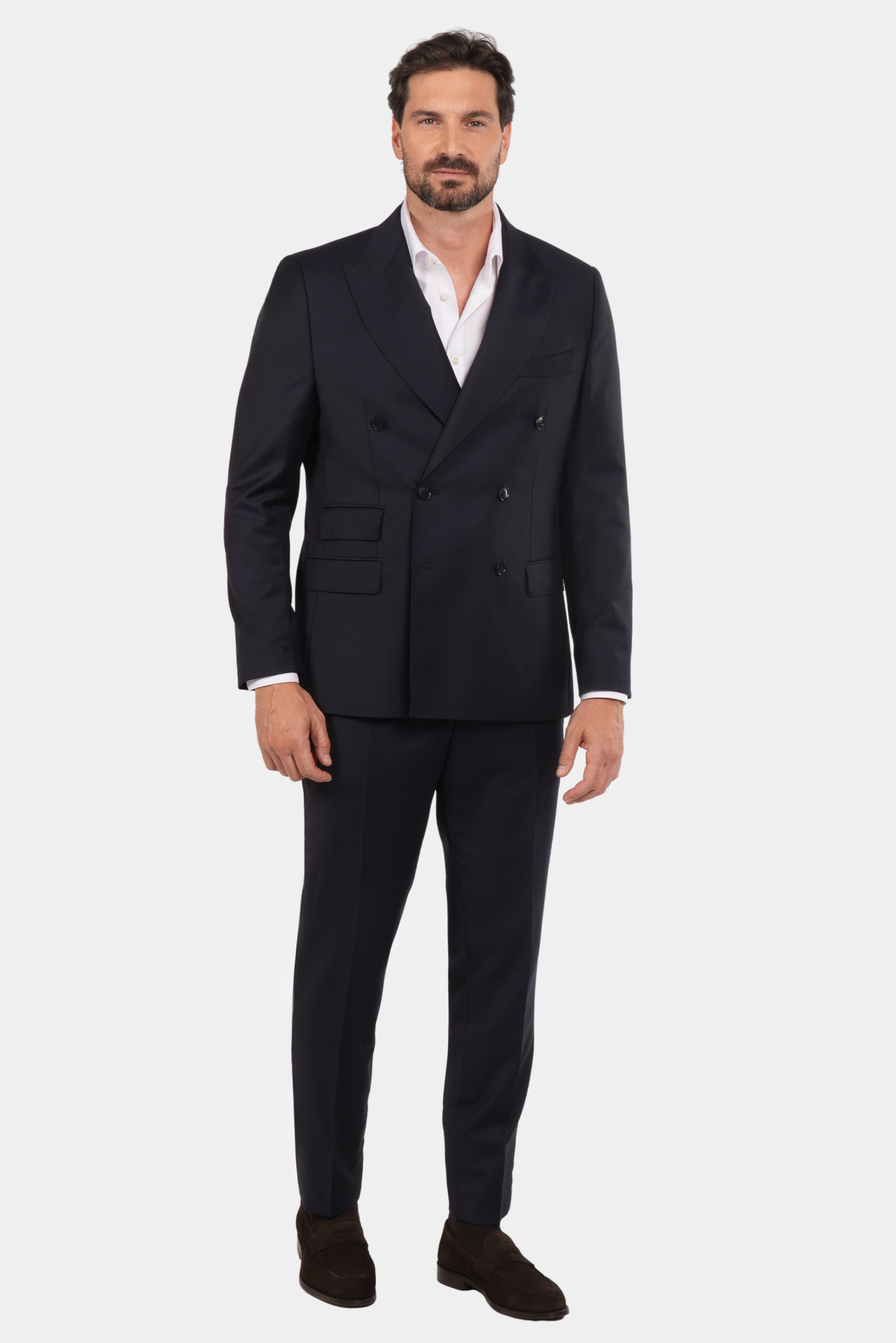 Dunkelblauer Slim Fit Zweireiher Anzug aus Wolle