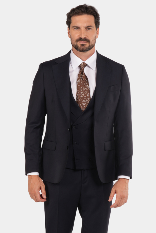 Dunkelblauer Slim Fit Einreiher Dreiteiliger Anzug aus Wolle