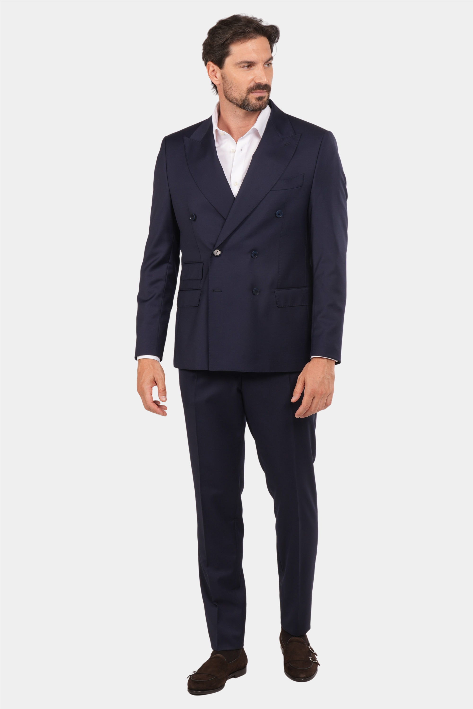 Marineblauer Slim Fit Zweireiher Anzug aus Wolle