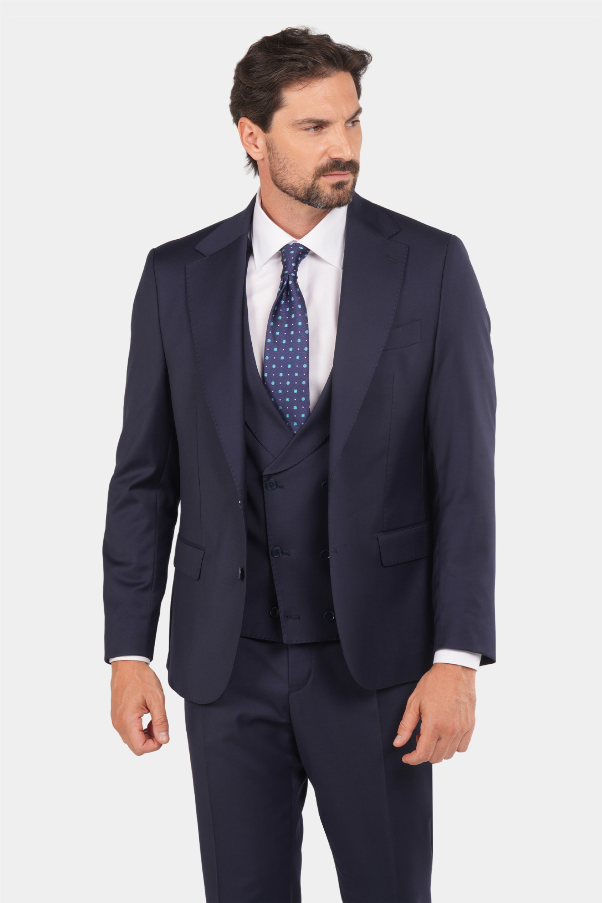 Marineblauer Slim Fit Einreiher Dreiteiliger Anzug aus Wolle