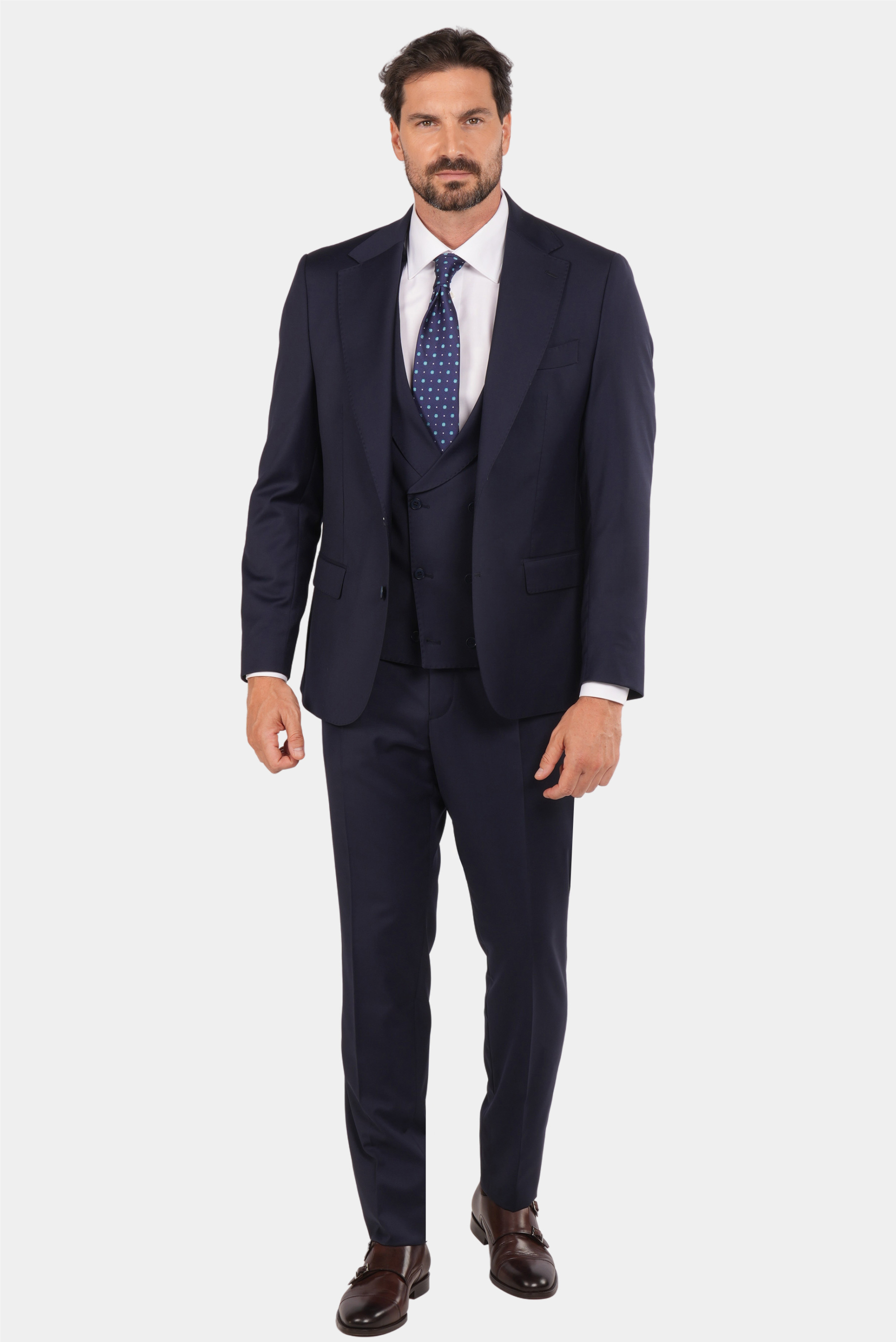 Marineblauer Slim Fit Einreiher Dreiteiliger Anzug aus Wolle
