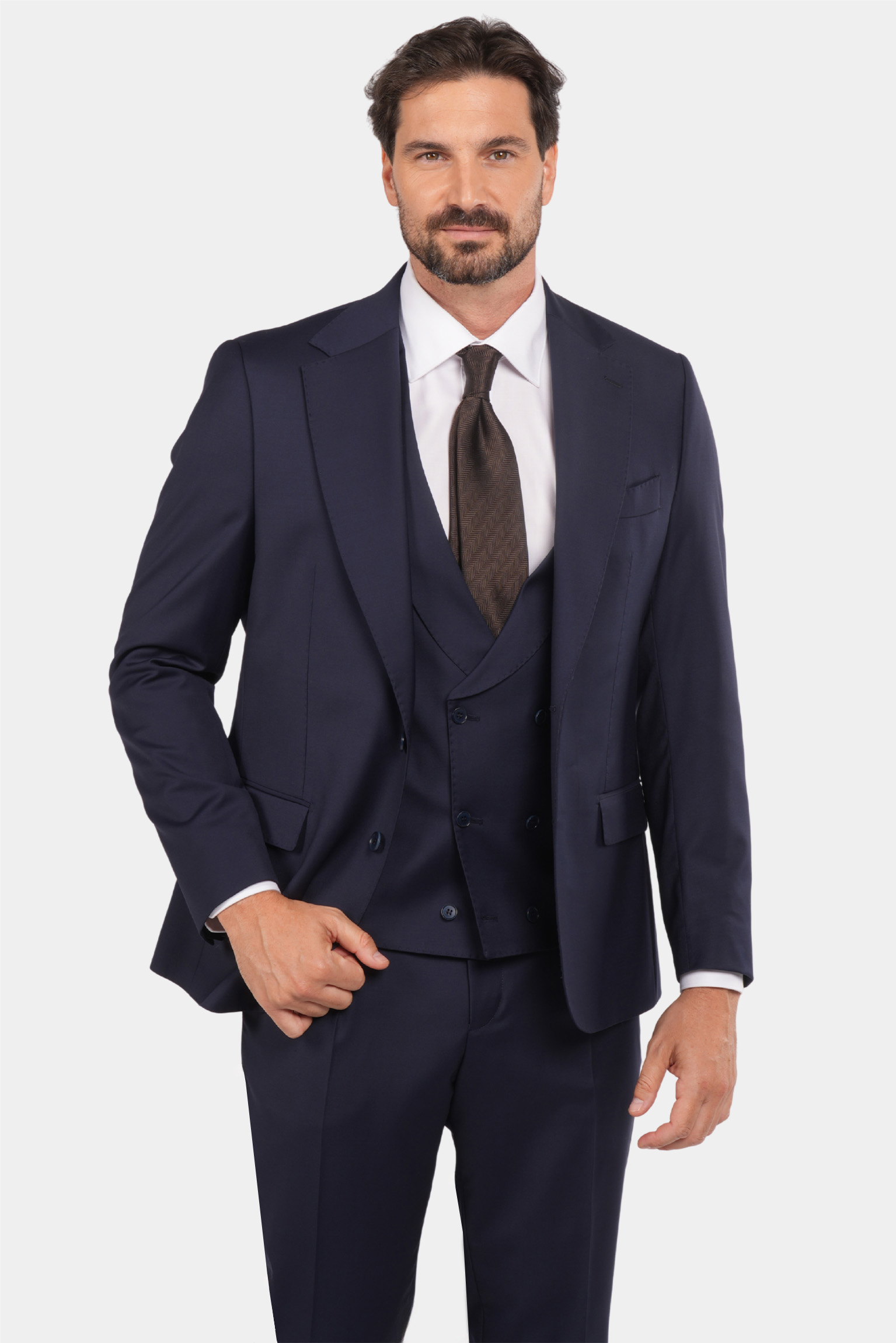 Marineblauer Slim Fit Einreiher Dreiteiliger Anzug aus Wolle