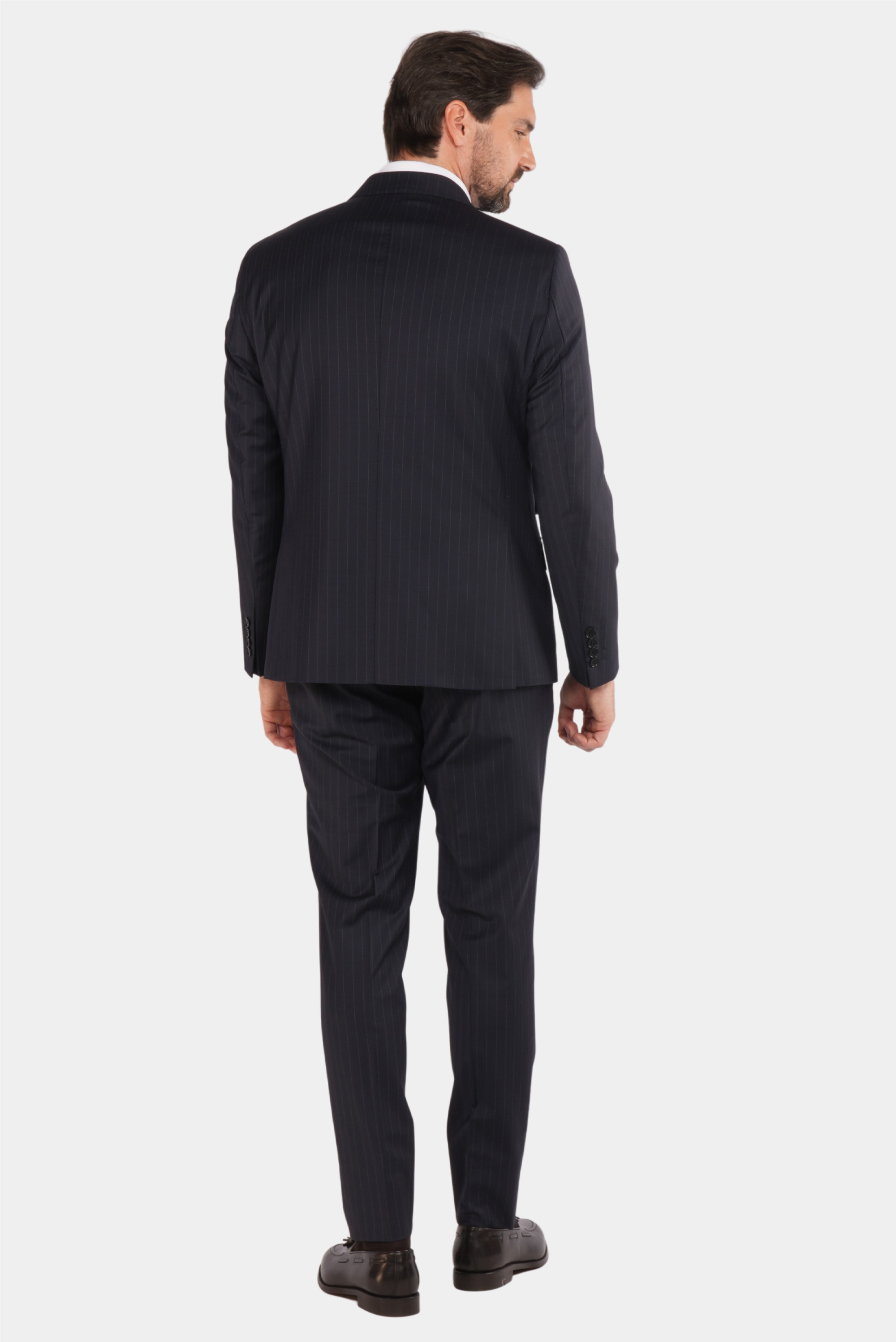 Dunkelblauer Nadelstreifen Slim Fit Zweireiher Anzug aus Wolle