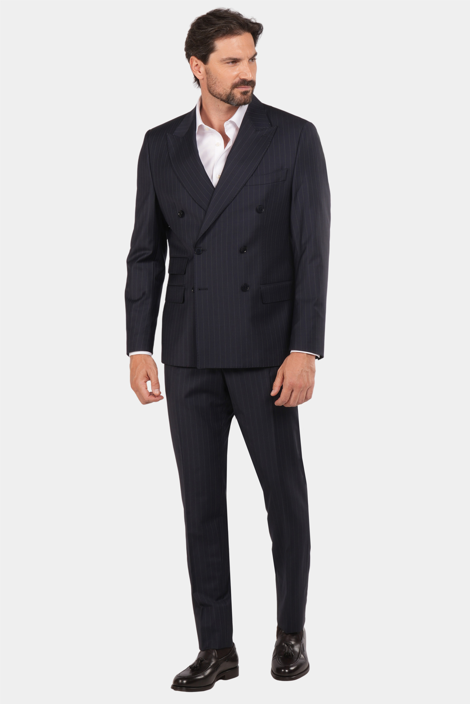Dunkelblauer Nadelstreifen Slim Fit Zweireiher Anzug aus Wolle