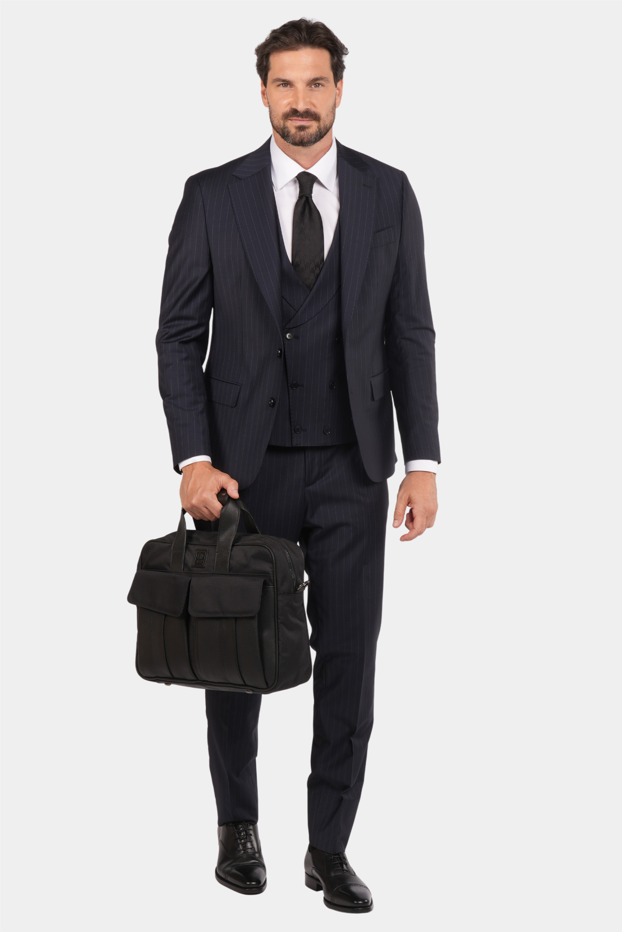 Dunkelblauer Nadelstreifen Slim Fit Einreiher Dreiteiliger Anzug aus Wolle