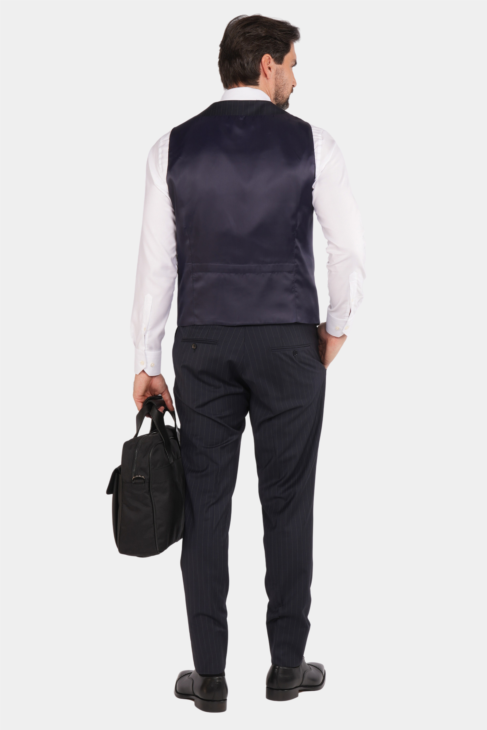Dunkelblauer Nadelstreifen Slim Fit Einreiher Dreiteiliger Anzug aus Wolle
