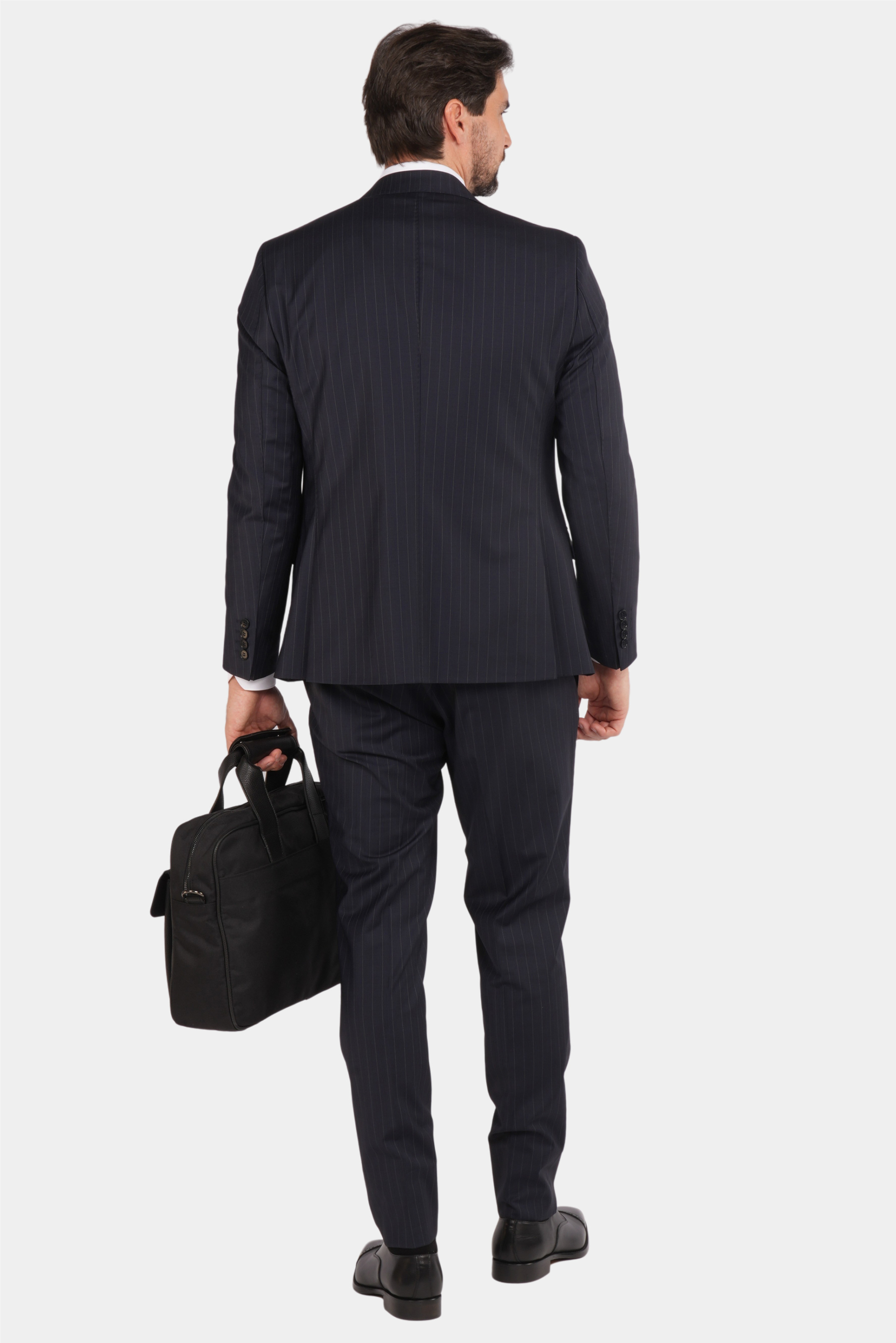 Dunkelblauer Nadelstreifen Slim Fit Einreiher Dreiteiliger Anzug aus Wolle