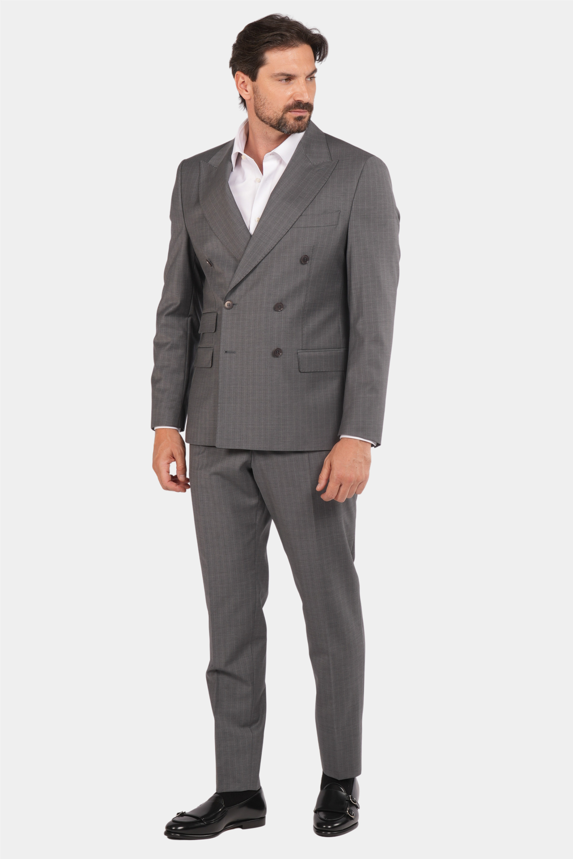 Grauer Slim Fit Zweireiher Anzug aus Wolle