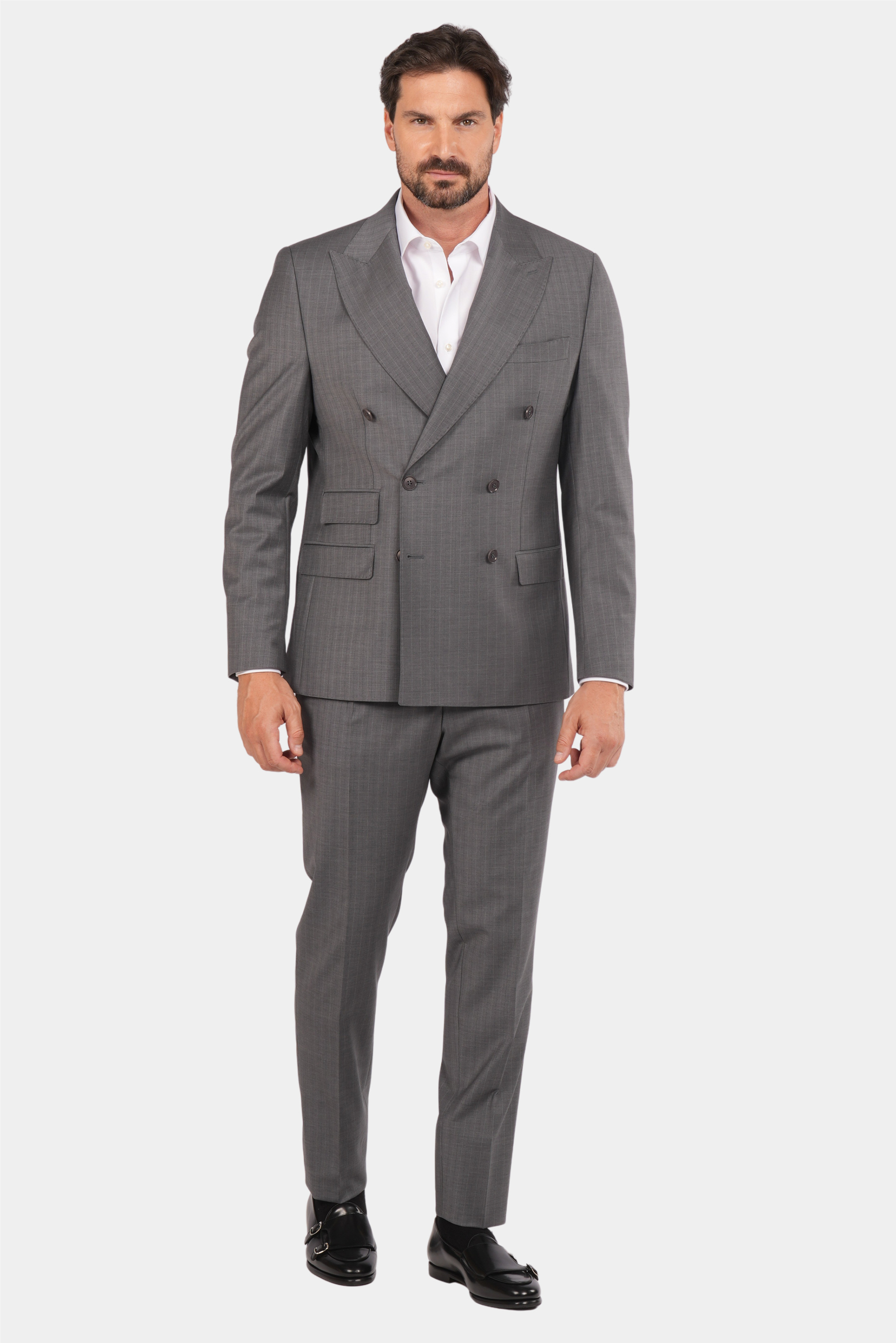Grauer Slim Fit Zweireiher Anzug aus Wolle