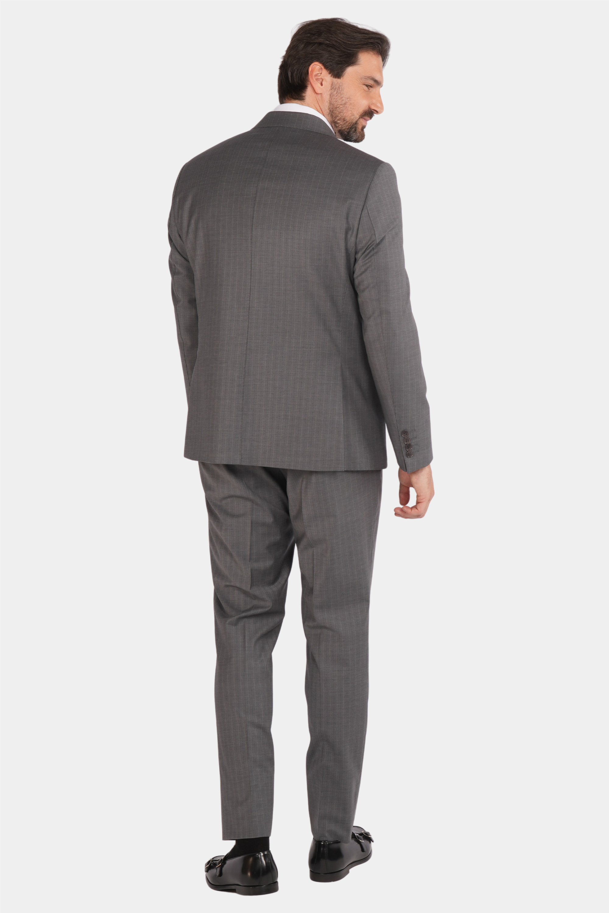 Grauer Slim Fit Zweireiher Anzug aus Wolle