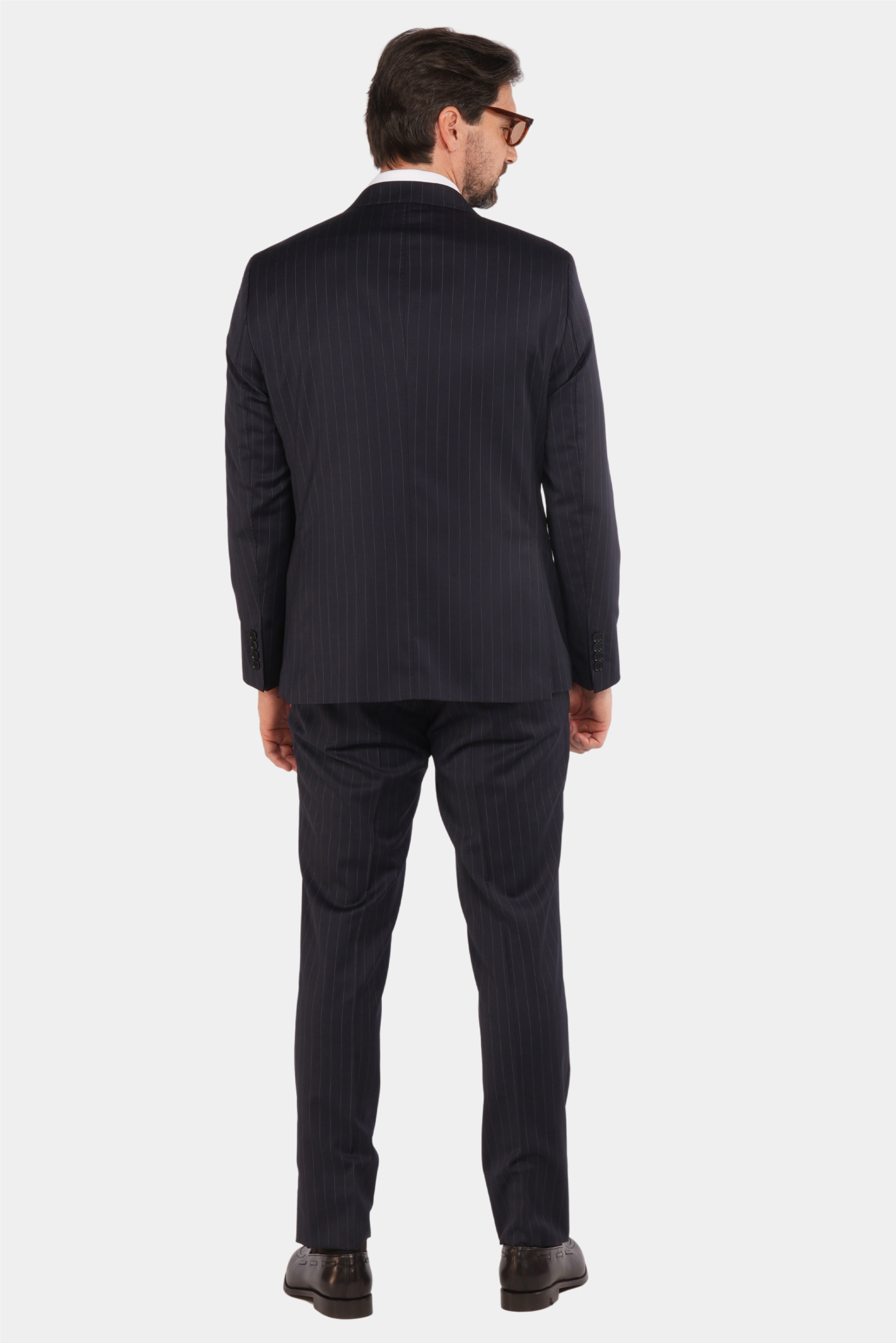 Dunkelblauer Nadelstreifen Slim Fit Zweireiher Anzug aus Wolle