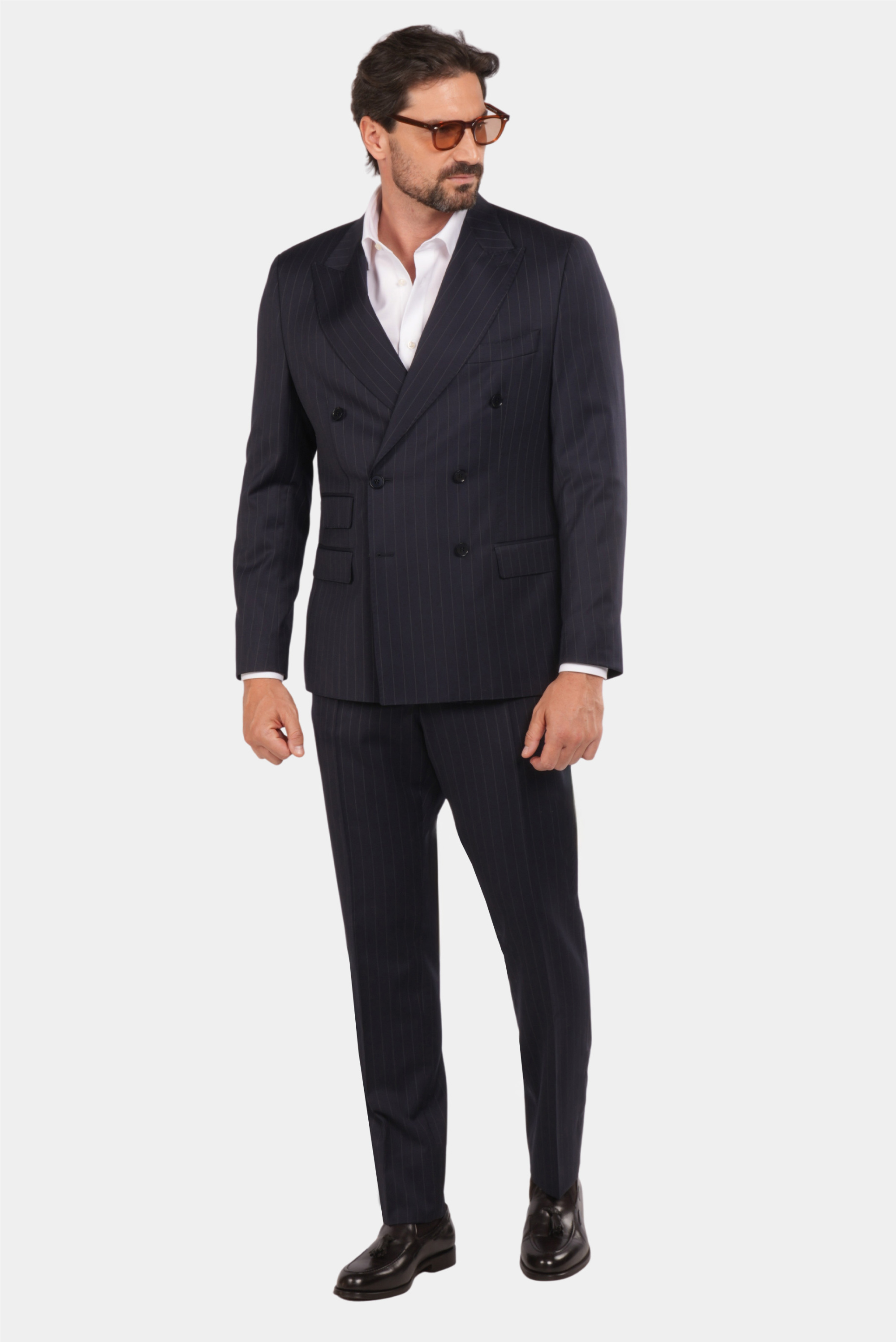Dunkelblauer Nadelstreifen Slim Fit Zweireiher Anzug aus Wolle