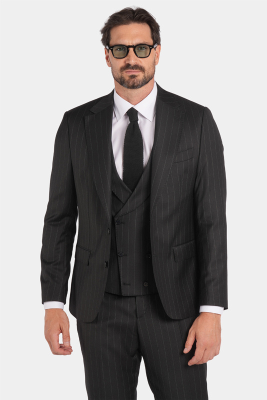 Black Pinstripe Slim Fit Single-Breasted Three-Piece Wool Suit