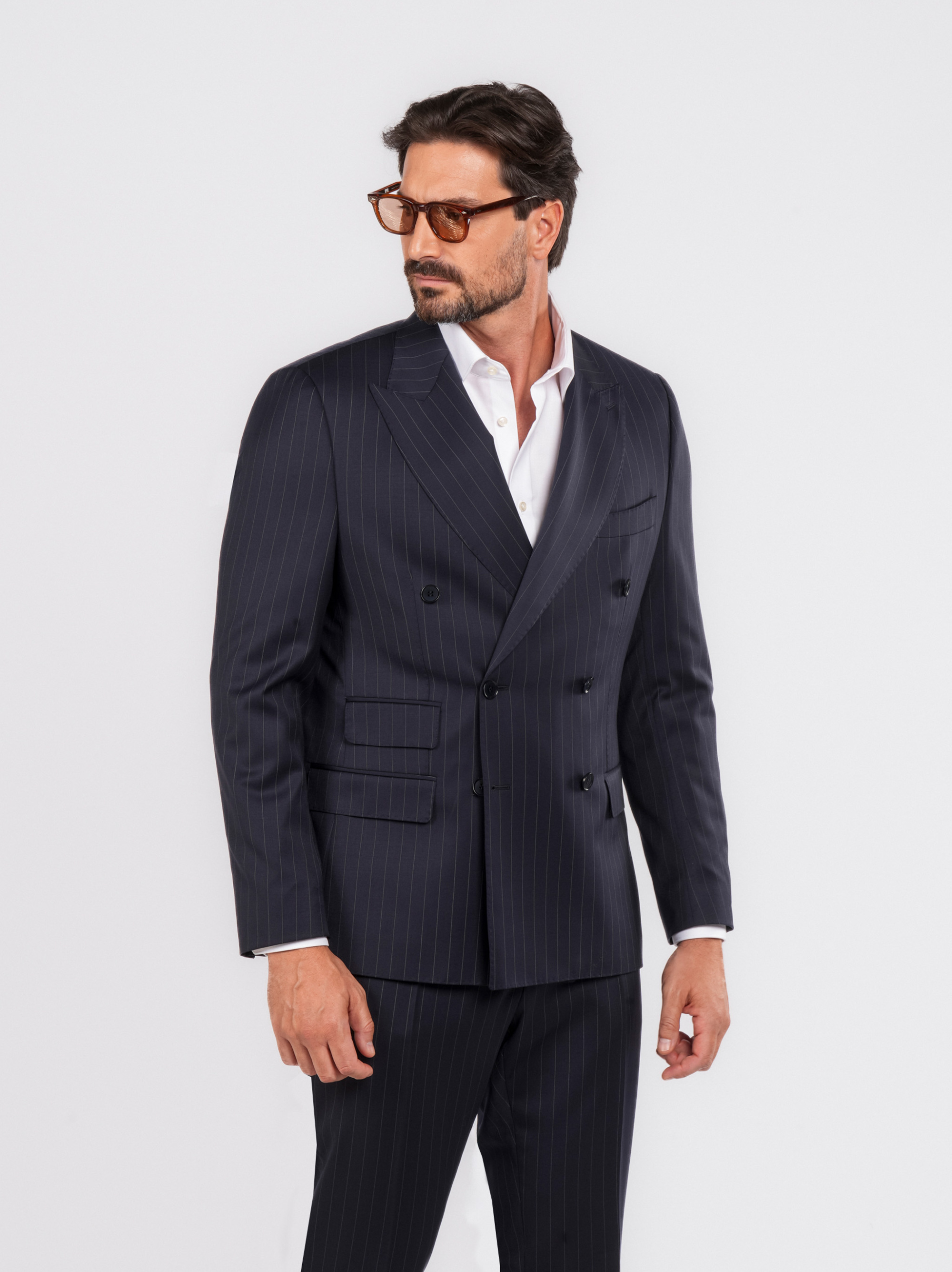 Dunkelblauer Nadelstreifen Slim Fit Zweireiher Anzug aus Wolle