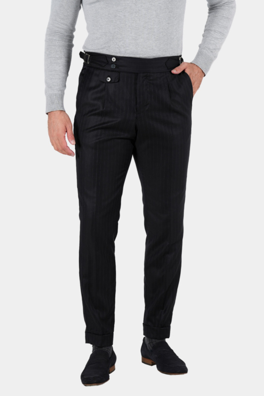Black Pinstripe Trousers in Italian Wool Tailored Fit