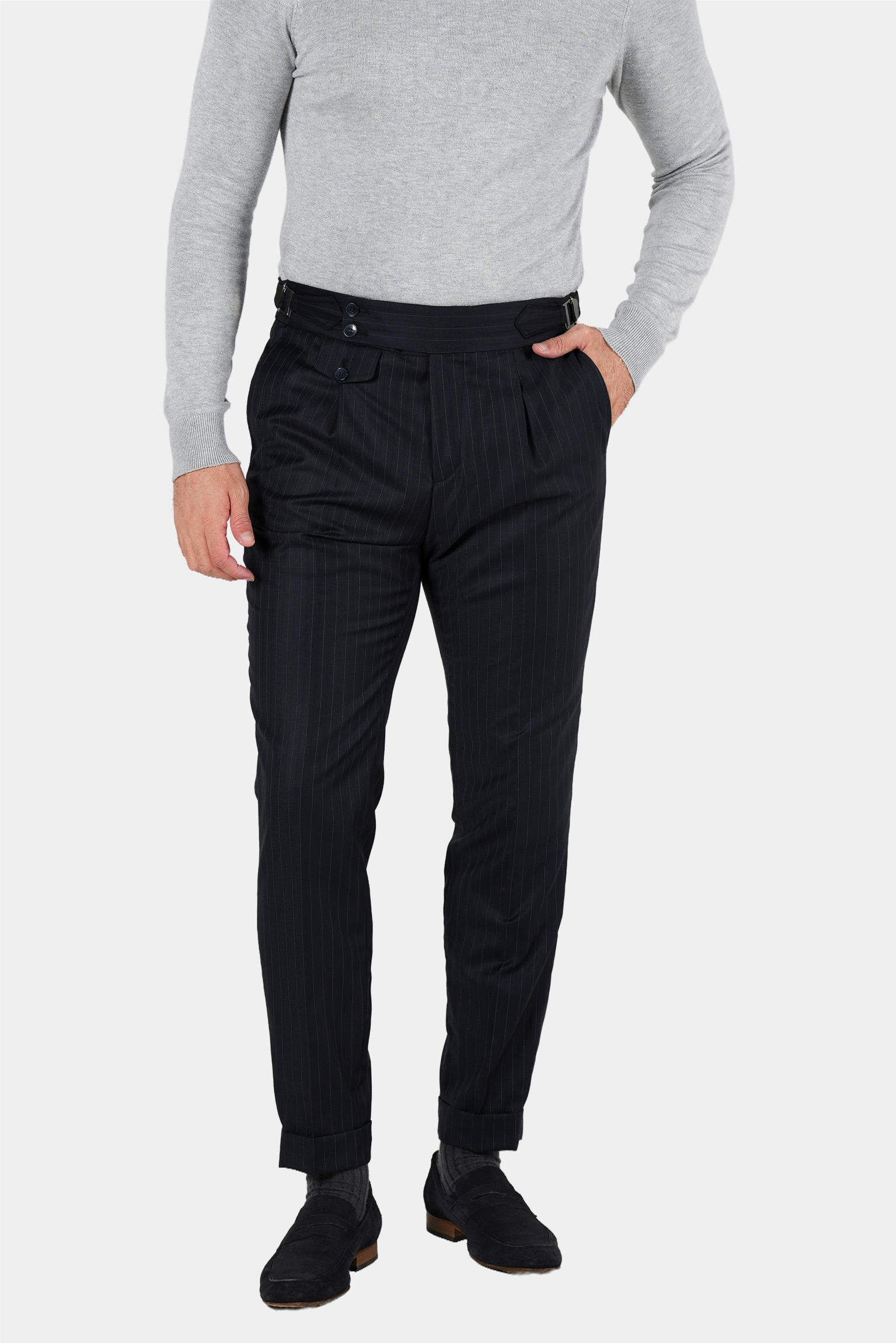 Dunkelblaue Nadelstreifenhose aus italienischer Wolle Tailored Fit